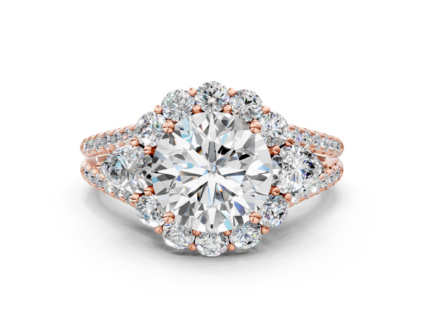 Rose gold Round Halo Split Shank Diamond Engagement Ring with Prong Setting