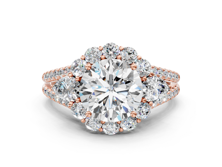 Rose gold Round Halo Split Shank Diamond Engagement Ring with Prong Setting
