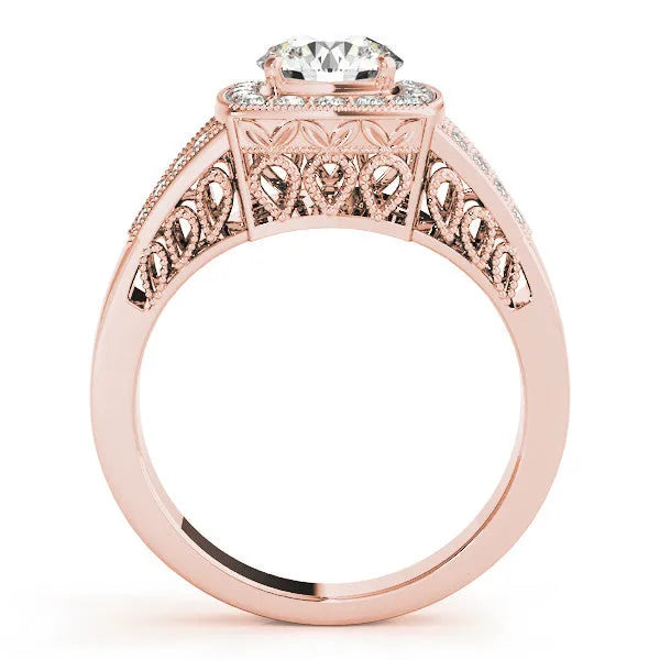 Rose gold Round Halo Split Shank Diamond Ring with Milgrain Prong Setting