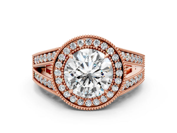 Rose gold Round Halo Split Shank Diamond Ring with Milgrain Prong Setting