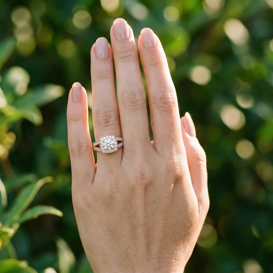 Rose gold Round Halo Split Shank Diamond Ring with Milgrain Prong Setting