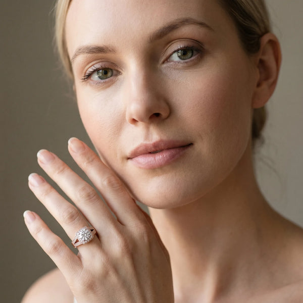 Rose gold Round Halo Split Shank Diamond Ring with Milgrain Prong Setting