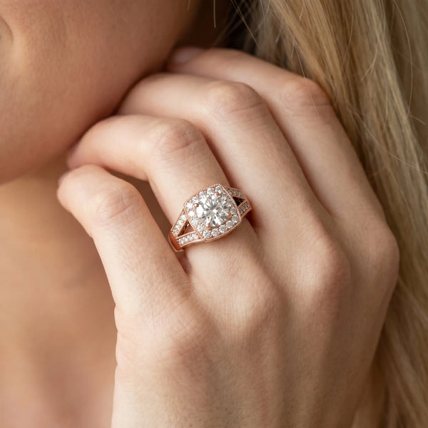 Rose gold Round Halo Split Shank Diamond Ring with Milgrain Prong Setting