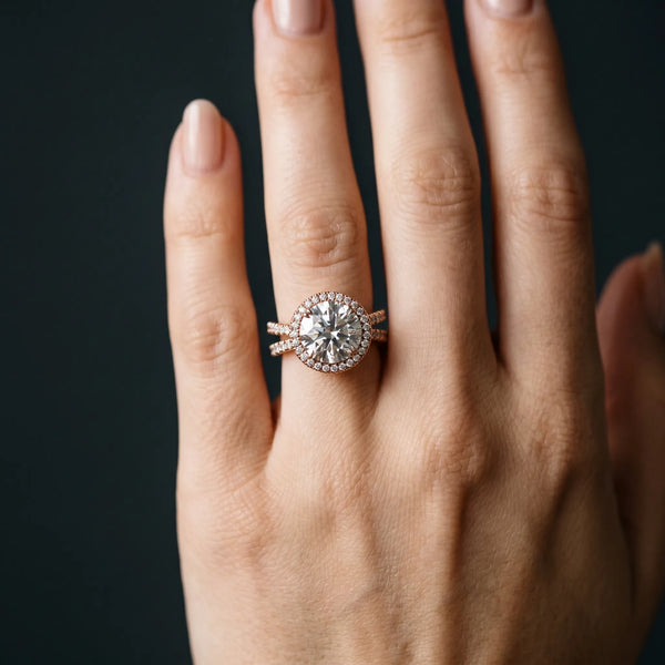 Rose gold Round Halo Split Shank Diamond Ring with Pavé Setting