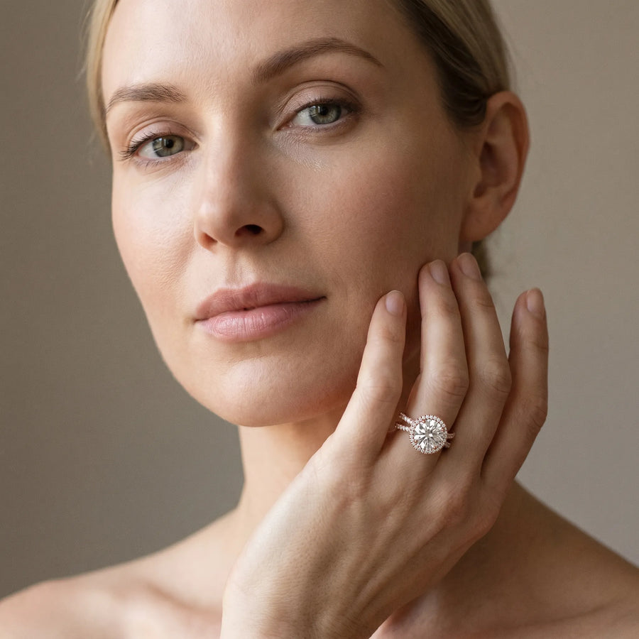 Rose gold Round Halo Split Shank Diamond Ring with Pavé Setting