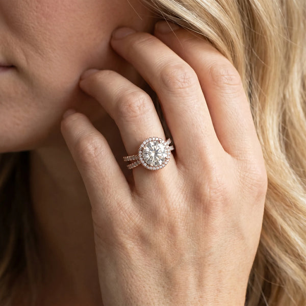 Rose gold Round Halo Split Shank Diamond Ring with Pavé Setting