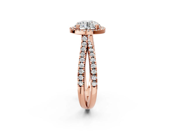 Rose gold Round Halo Split Shank Diamond Ring with Pavé Setting
