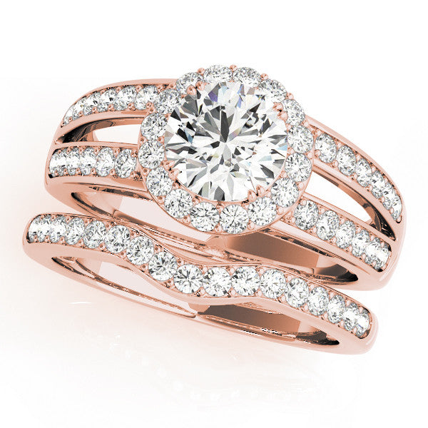 Rose gold Round Halo Split Shank Diamond Ring with Pave Setting
