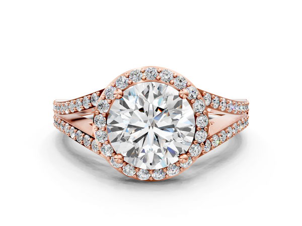 Rose gold Round Halo Split Shank Diamond Ring with Prong Setting
