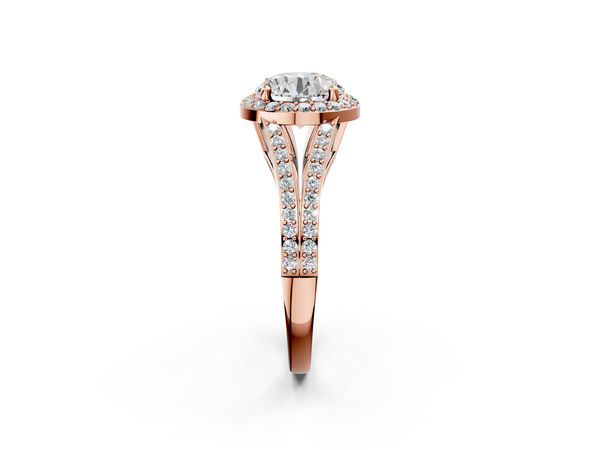Rose gold Round Halo Split Shank Diamond Ring with Prong Setting