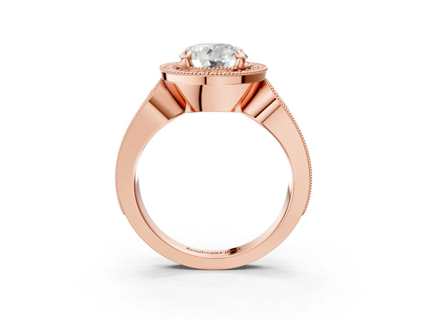 Rose Gold Round Vintage Milgrain Halo Engagement Ring Setting with Pave Loop Shoulders