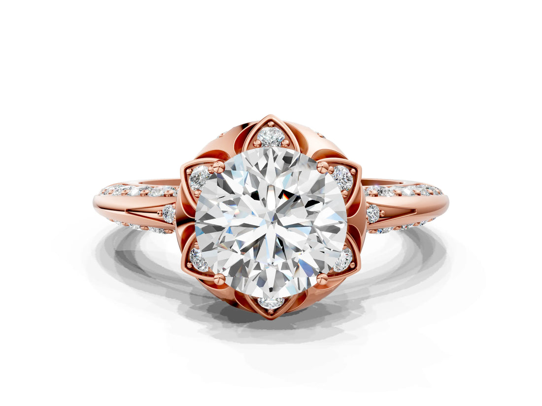 Rose gold Round Halo Split Shank Pave Diamond Ring with Petal Prong Setting_22