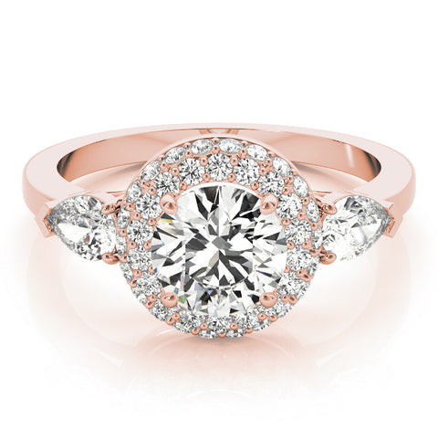 Rose gold Round Halo Three-Stone Diamond Ring with Pear Side Stones and Four-Prong Setting 1