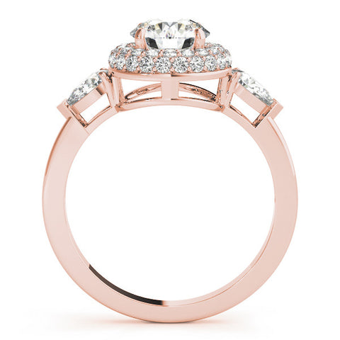 Rose gold Round Halo Three-Stone Diamond Ring with Pear Side Stones and Four-Prong Setting 2