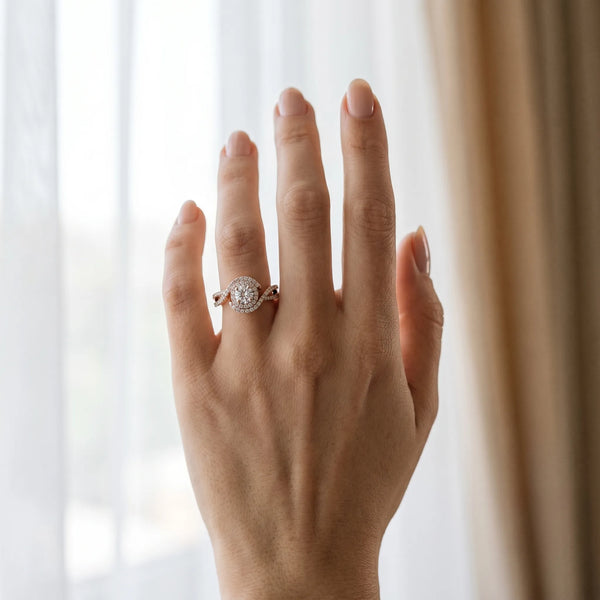 Rose gold Round Halo Twist Band Solitaire Prong Setting