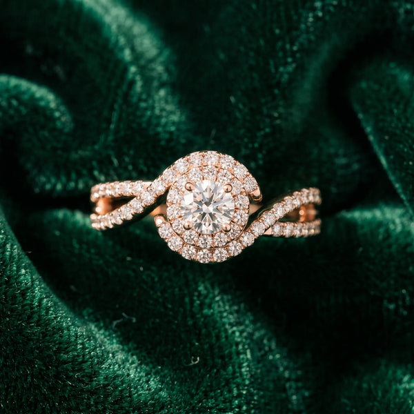 Rose gold Round Halo Twist Band Solitaire Prong Setting