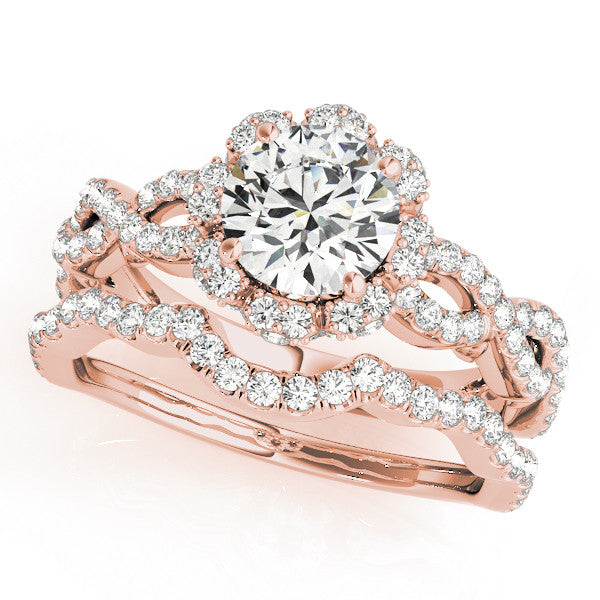 Rose gold Round Halo Twist Band Solitaire Ring with Six-Prong Setting 1