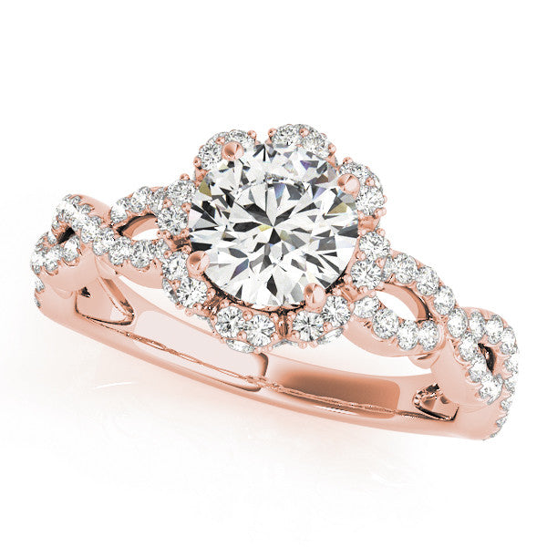 Rose gold Round Halo Twist Band Solitaire Ring with Six-Prong Setting