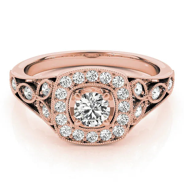 Rose gold Round Halo Vintage-Inspired Split Shank Ring with Milgrain Detailing