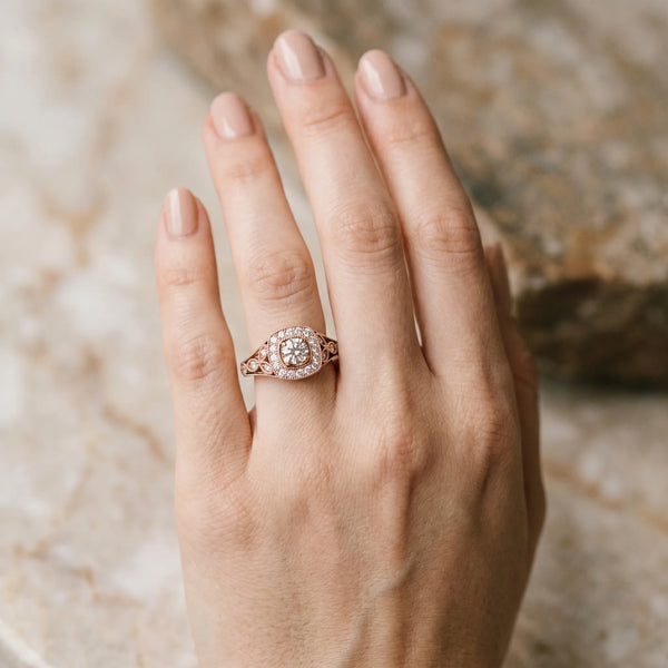 Rose gold Round Halo Vintage-Inspired Split Shank Ring with Milgrain Detailing
