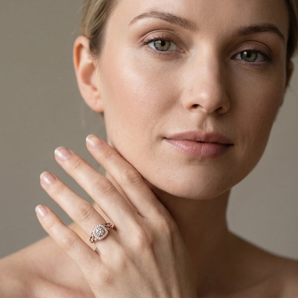 Rose gold Round Halo Vintage-Inspired Split Shank Ring with Milgrain Detailing