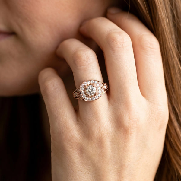 Rose gold Round Halo Vintage-Inspired Split Shank Ring with Milgrain Detailing