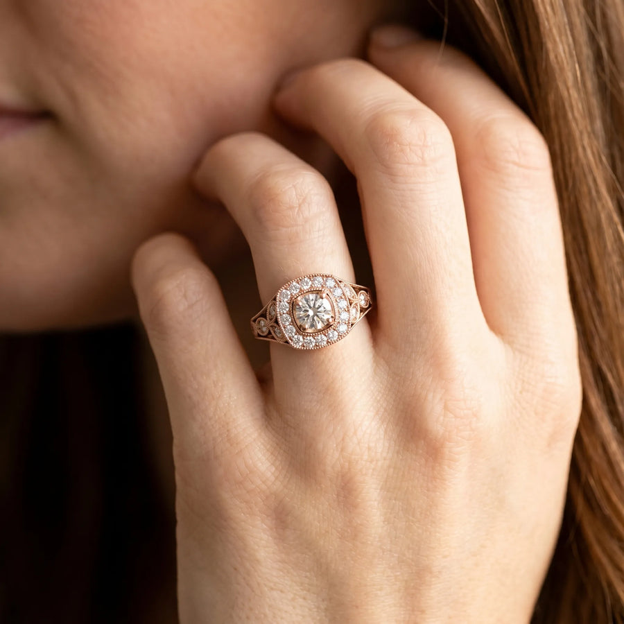 Rose gold Round Halo Vintage-Inspired Split Shank Ring with Milgrain Detailing