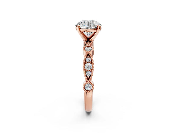 Rose Gold Round Vintage Solitaire Engagement Ring Setting with Milgrain Bezel Accent Band