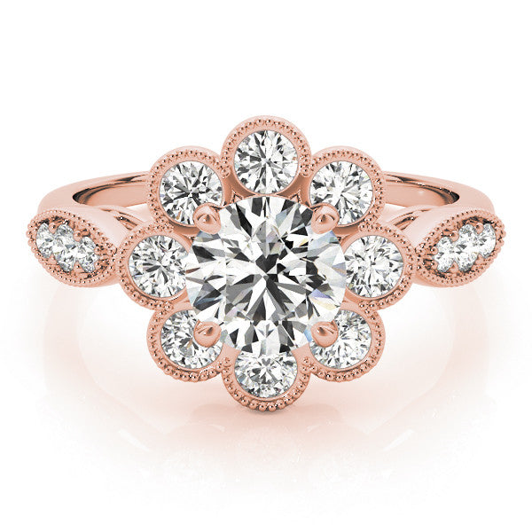 Rose gold Round Milgrain Halo Floral Diamond Ring with Split Shank and Four-Prong Setting 1