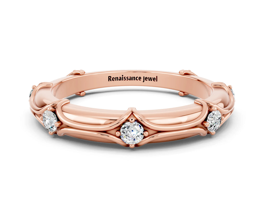 Rose gold Round Moissanite Prong Set Milgrain Eternity Band_6