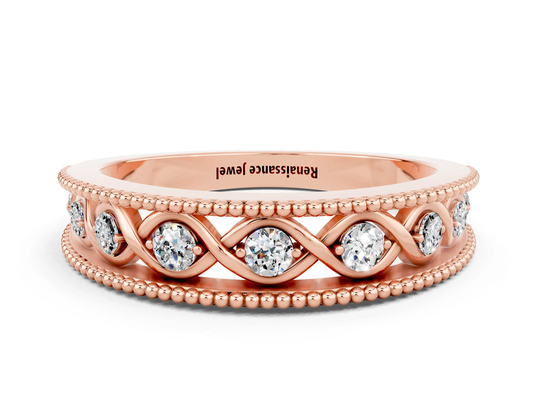 Rose gold Round Moissanite Twist Milgrain Band with Bezel Setting_12