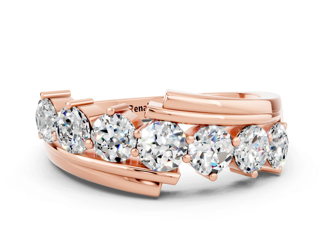 Rose gold Round Moissanite Wave Band with Channel and Shared Prong Setting_18