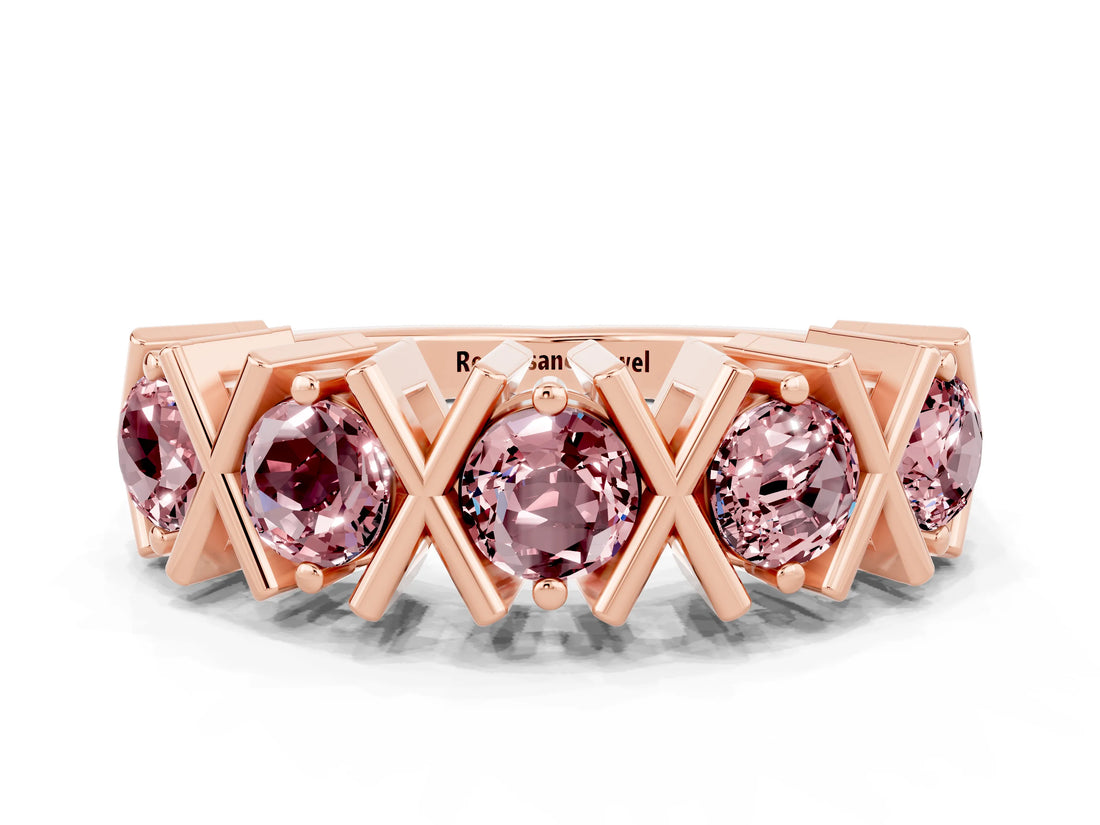 Rose gold Round Morganite Channel Set Band with X-Prong Detail_6