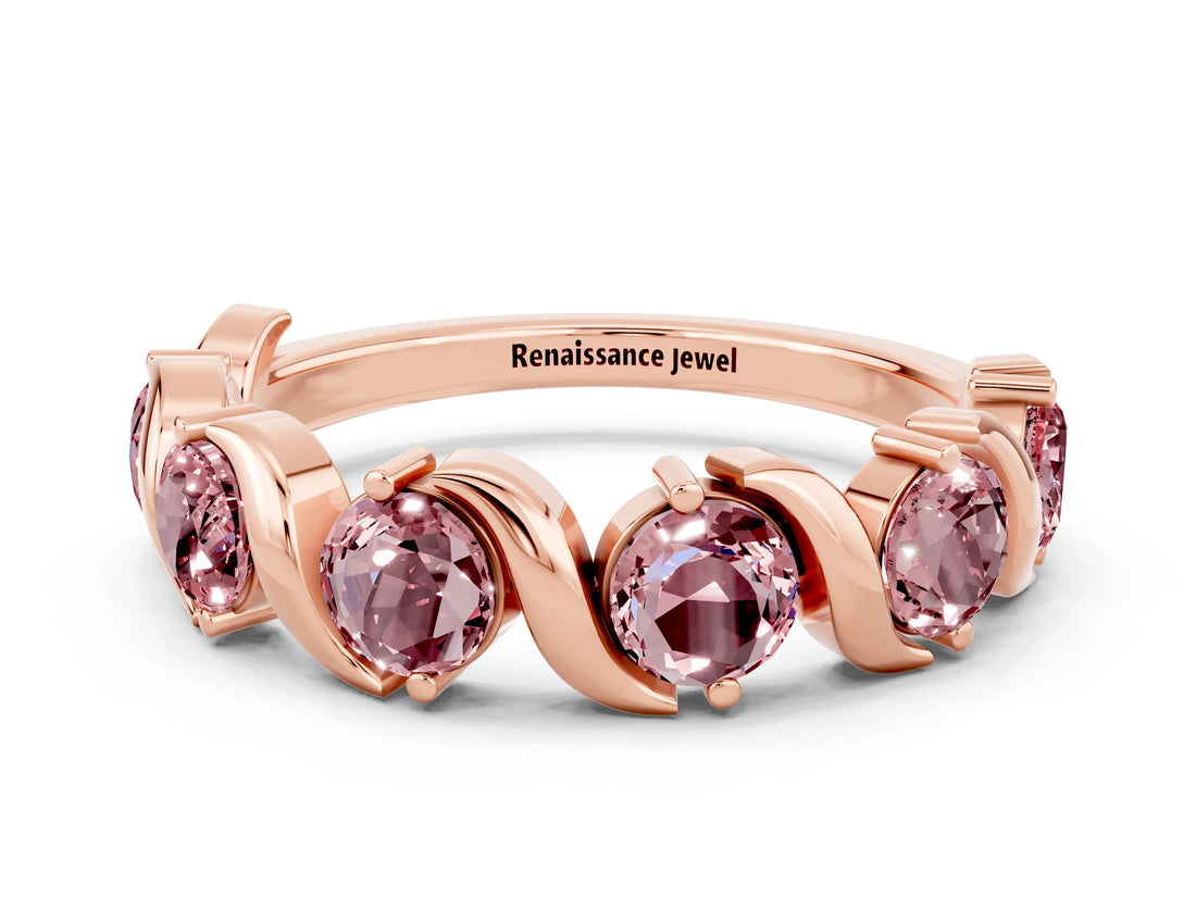 Rose gold Round Morganite Half Eternity Band with Wave Prong Setting_6
