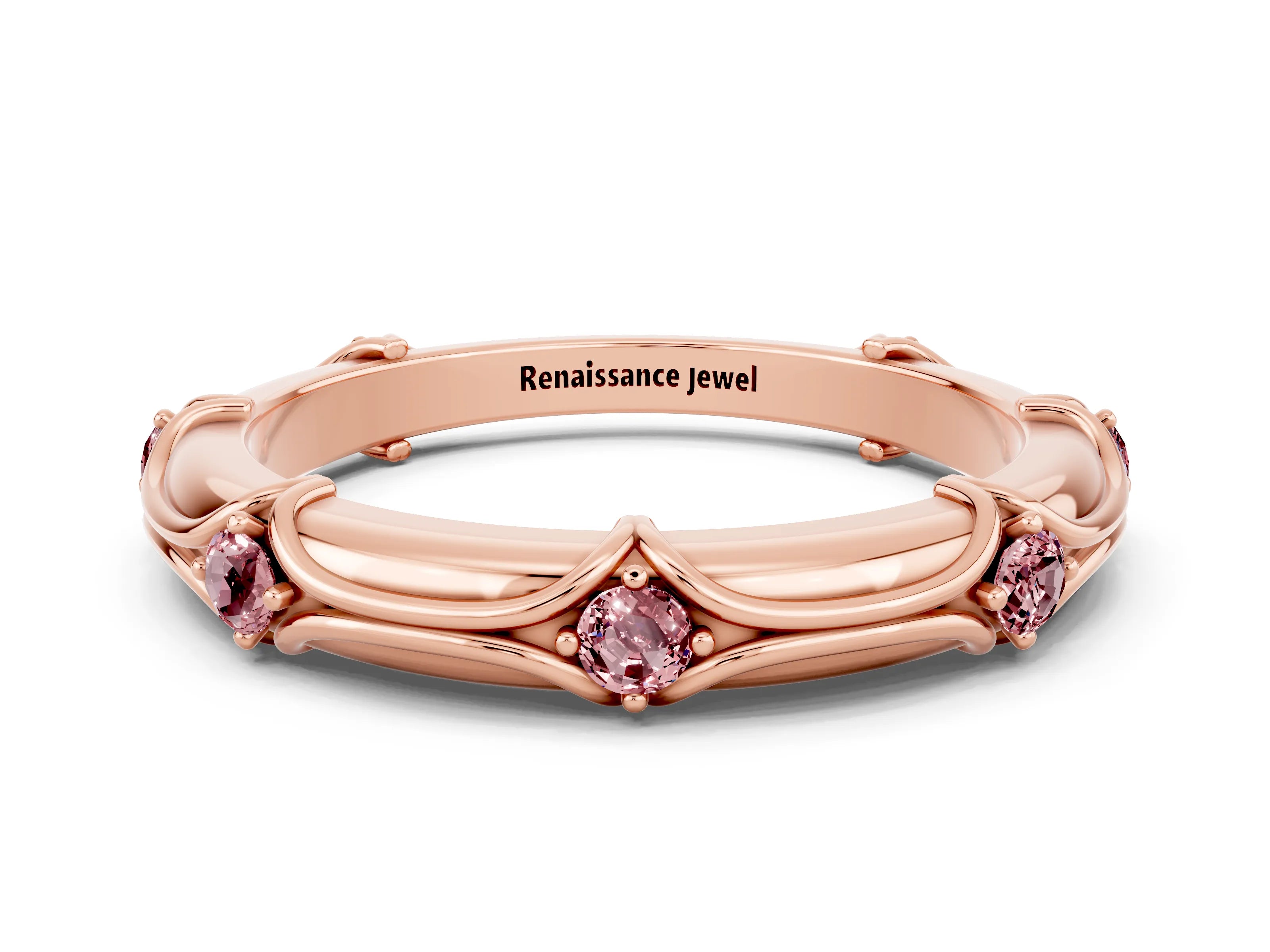 Rose gold Round Morganite Prong Set Milgrain Eternity Band_6