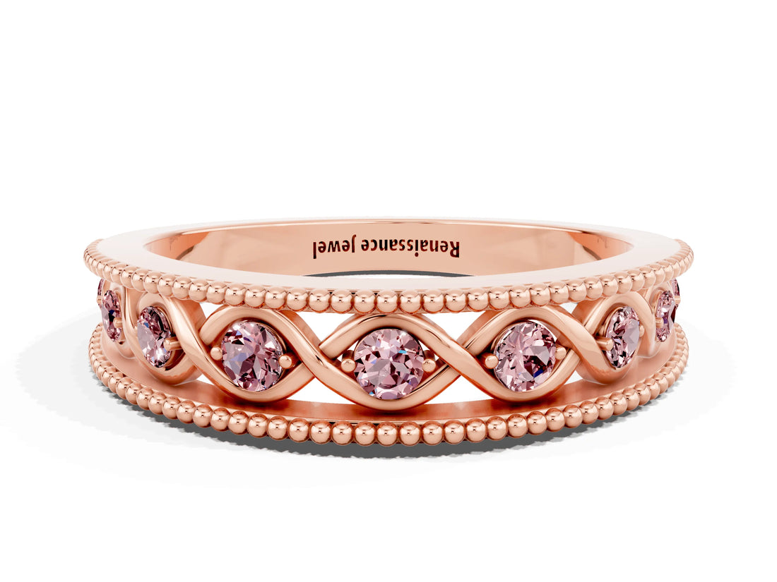 Rose gold Round Morganite Twist Milgrain Band with Bezel Setting_12