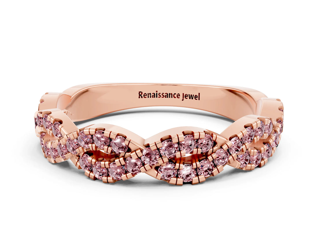 Rose gold Round Morganite Twisted Eternity Band with Pavé and Shared Prong Setting_18
