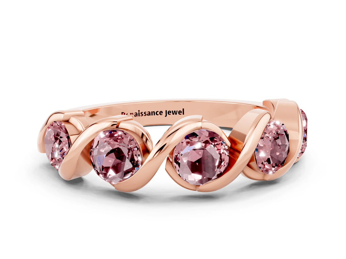 Rose gold Round Morganite Wave Band with Channel Setting and Shared Prongs_6
