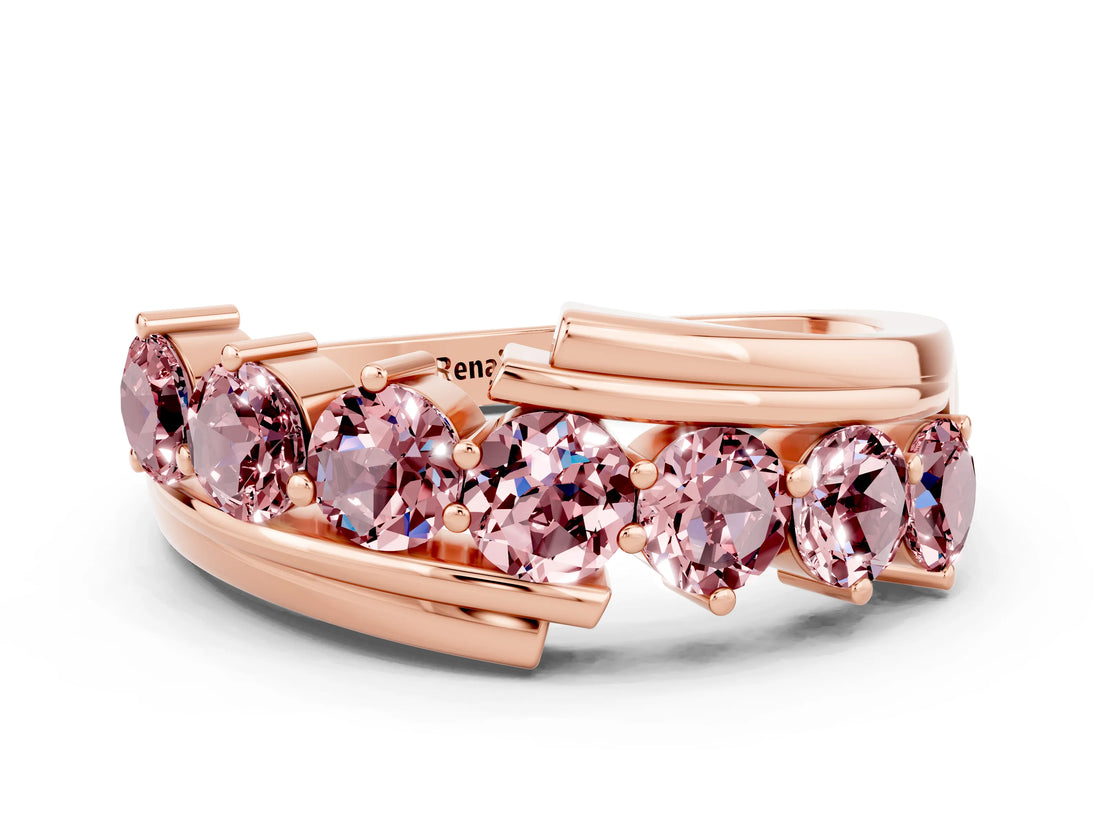 Rose gold Round Morganite Wave Band with Channel and Shared Prong Setting_18