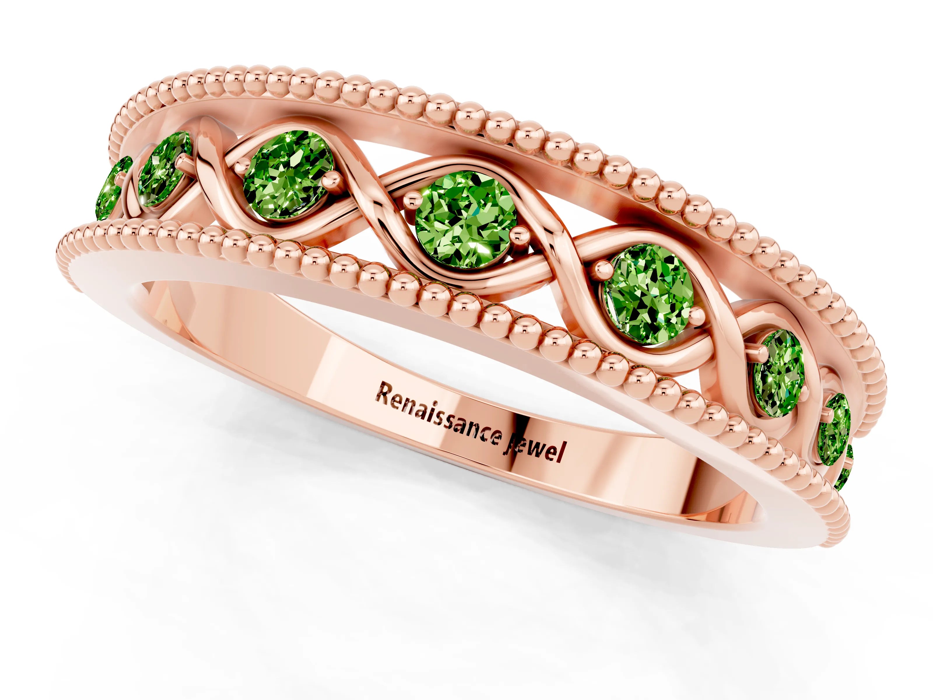 Rose gold Round Peridot Twist Milgrain Band with Bezel Setting_13