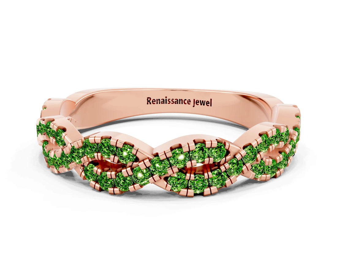 Rose gold Round Peridot Twisted Eternity Band with Pavé and Shared Prong Setting_18