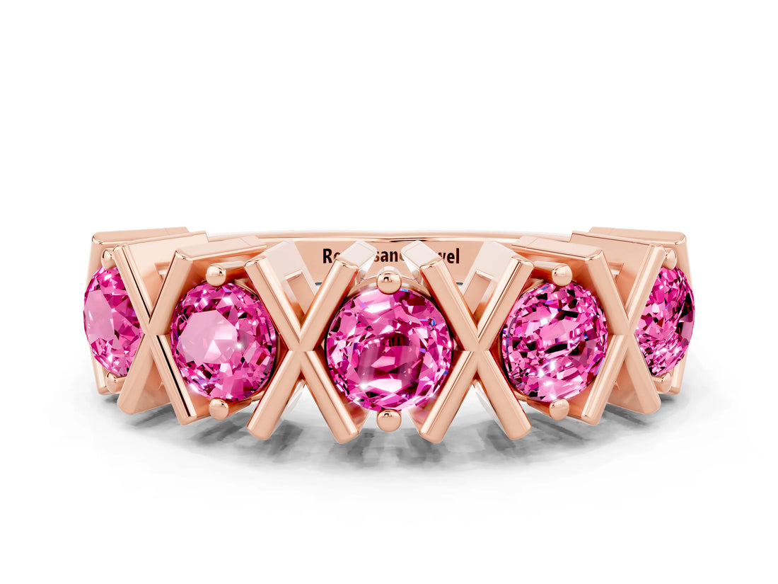 Rose gold Round Pink Sapphire Channel Set Band with X-Prong Detail_6