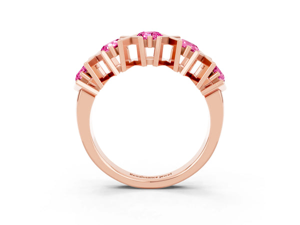Rose Gold Round Lab-Grown Pink Sapphire Five Stone Geometric Wedding Band with X Crossbars