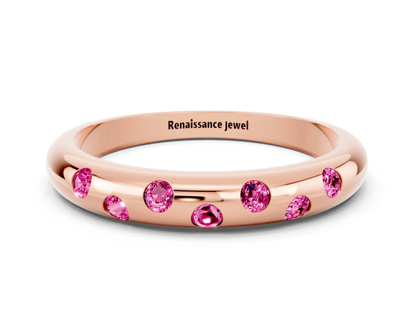 Rose Gold Round Lab-Grown Pink Sapphire Flush Set Domed Wedding Band with Staggered Stones