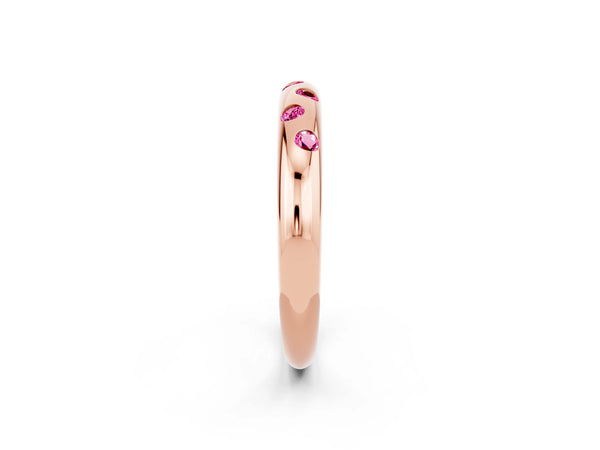 Rose Gold Round Lab-Grown Pink Sapphire Flush Set Domed Wedding Band with Staggered Stones