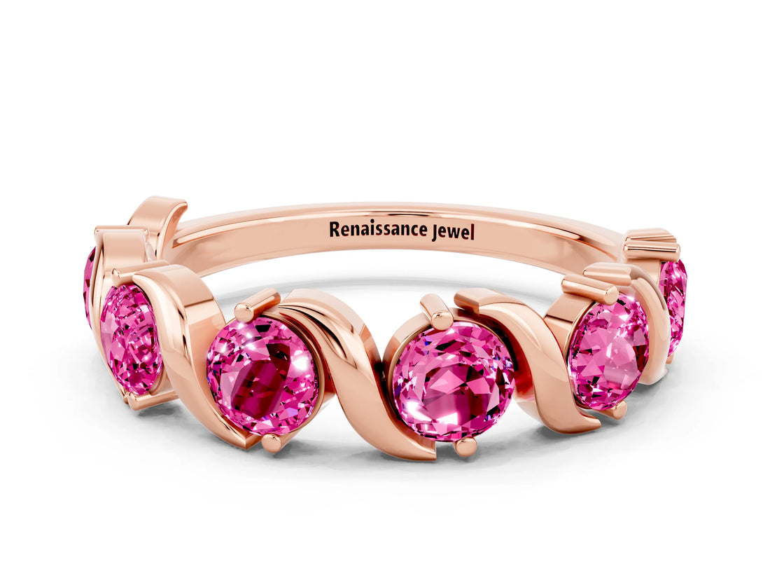 Rose gold Round Pink Sapphire Half Eternity Band with Wave Prong Setting_6