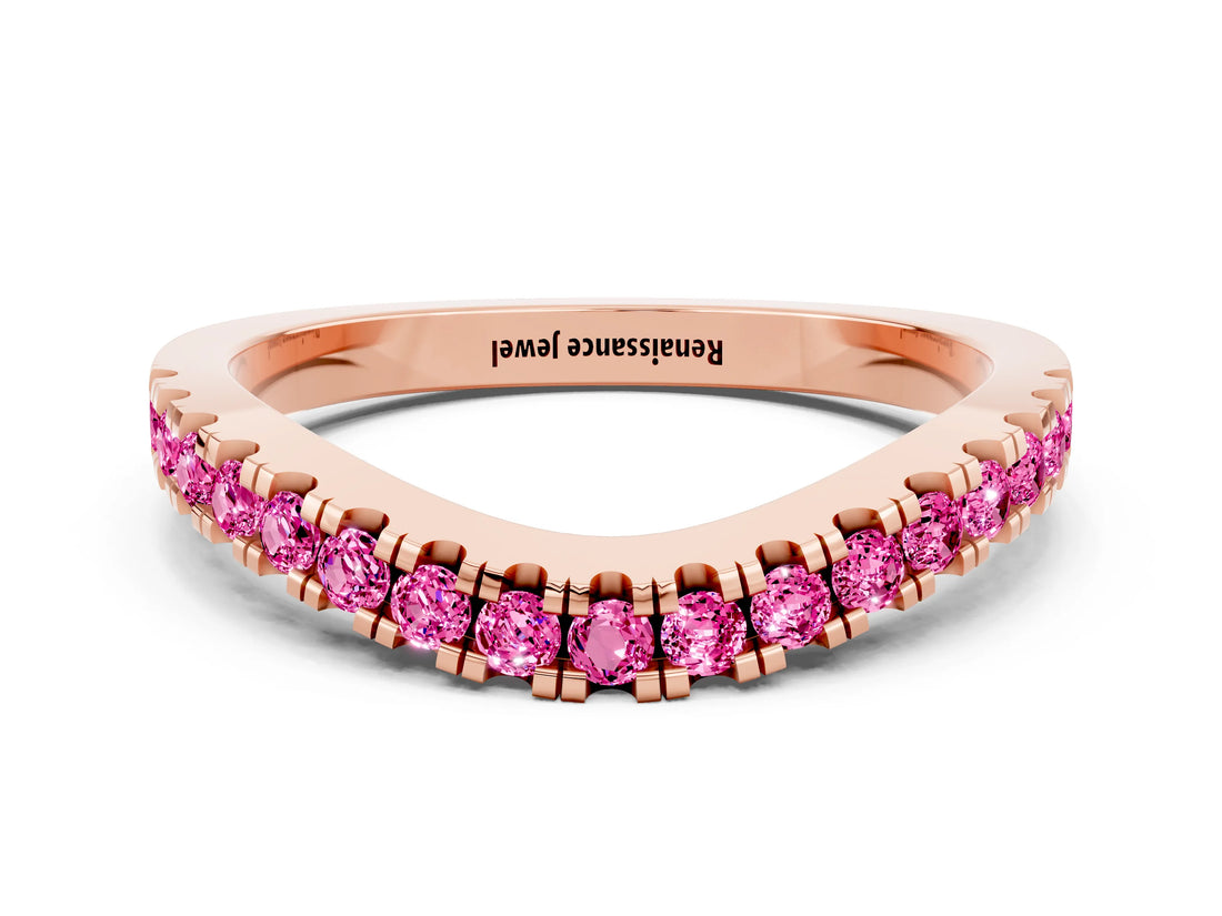 Rose gold Round Pink Sapphire Pavé Curved Band with Shared Prong Setting_18