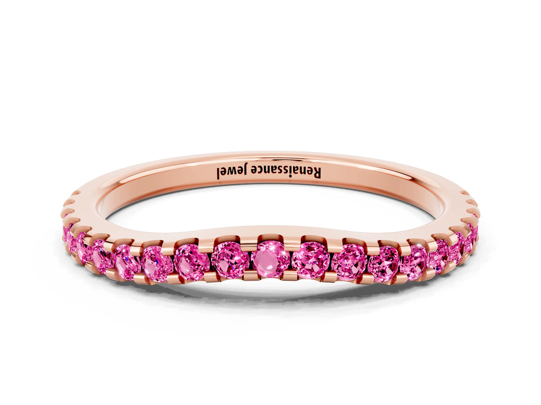 Rose gold Round Pink Sapphire Pavé Curved Wedding Band_18