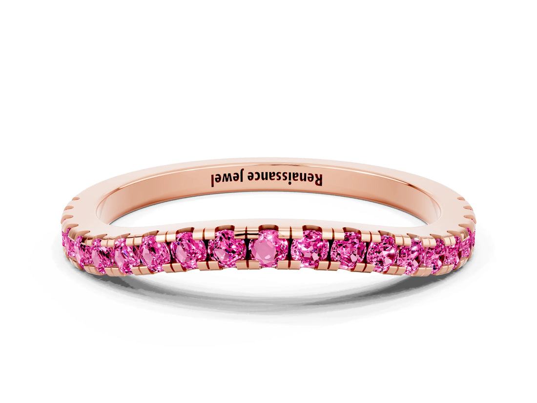 Rose gold Round Pink Sapphire Pavé Half Eternity Band with Shared Prong Setting_18