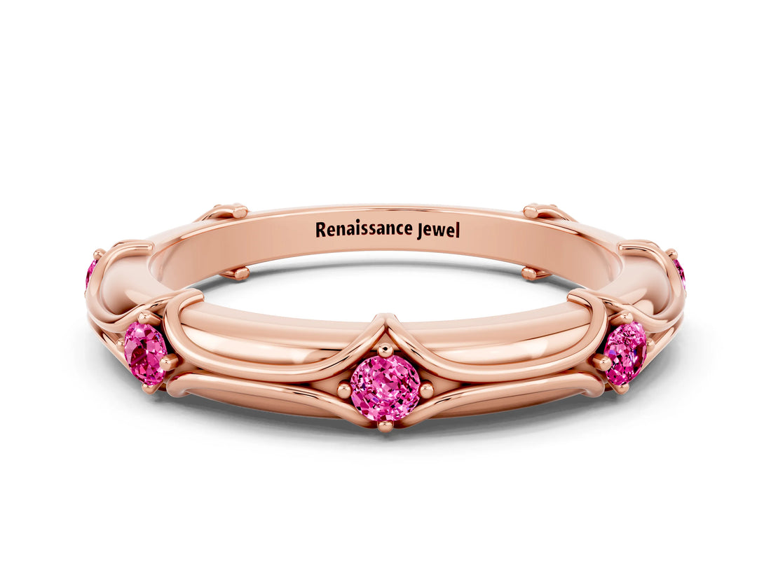 Rose gold Round Pink Sapphire Prong Set Milgrain Eternity Band_6